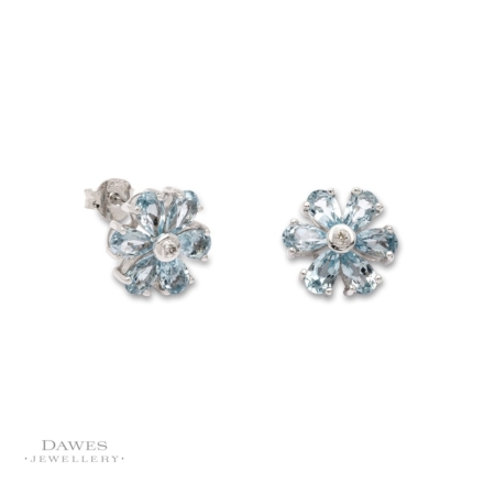 Silver Blue Topaz and Diamond Flower Earrings